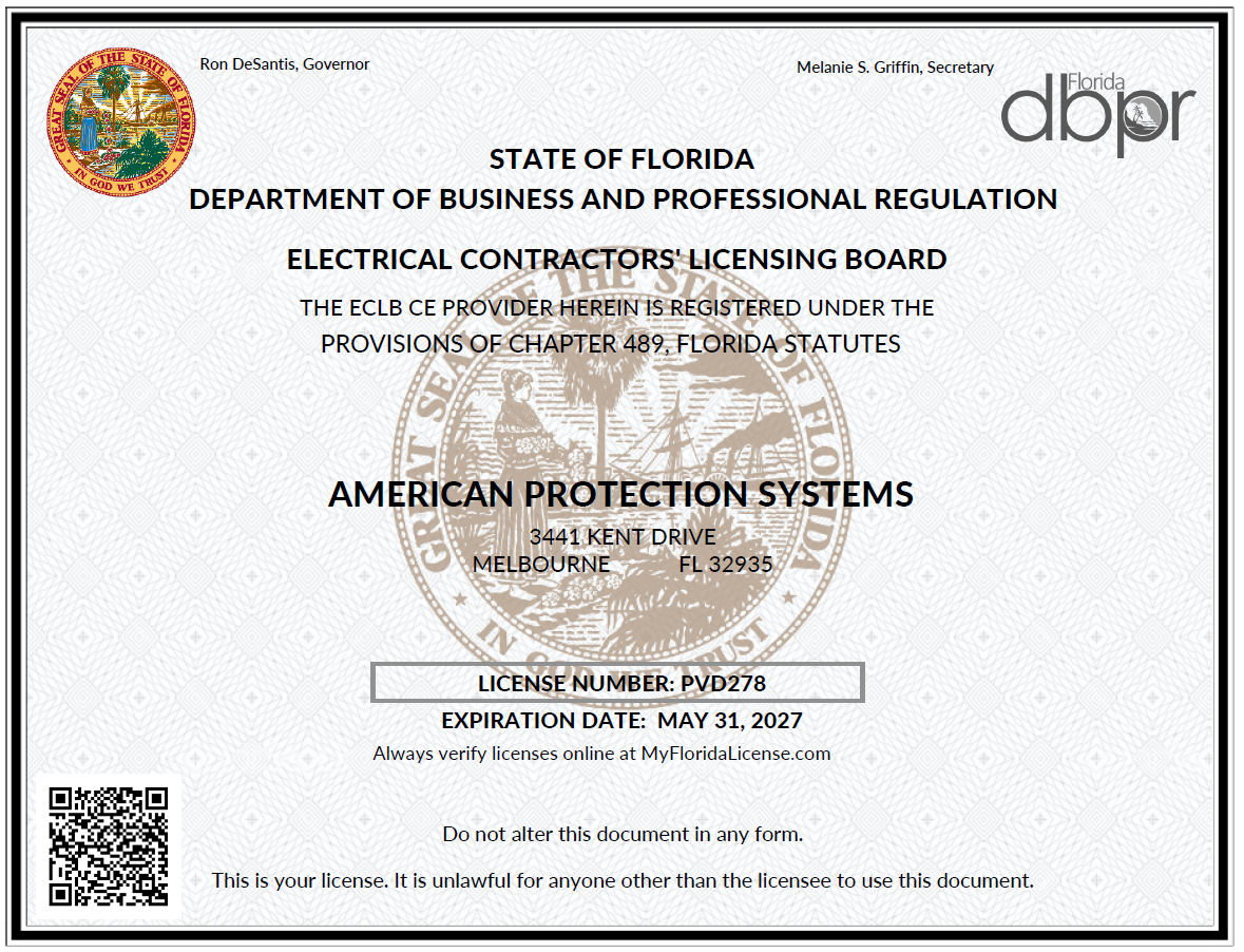 American Protection Systems, Inc. State Of Florida Electrical Contractors Licensing Board (ECLB) License